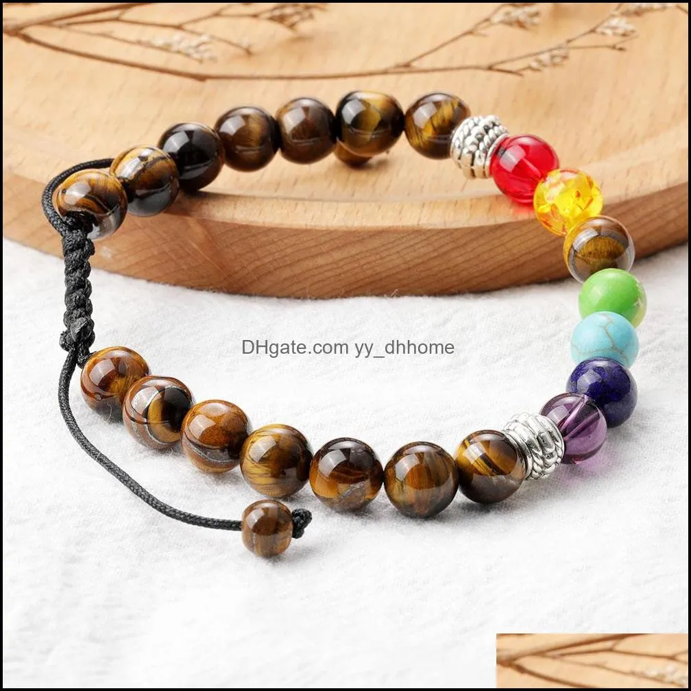 8mm tiger eye beads bracelet for men women adjustable size 7 chakra bead braided bracelet jewelry gift