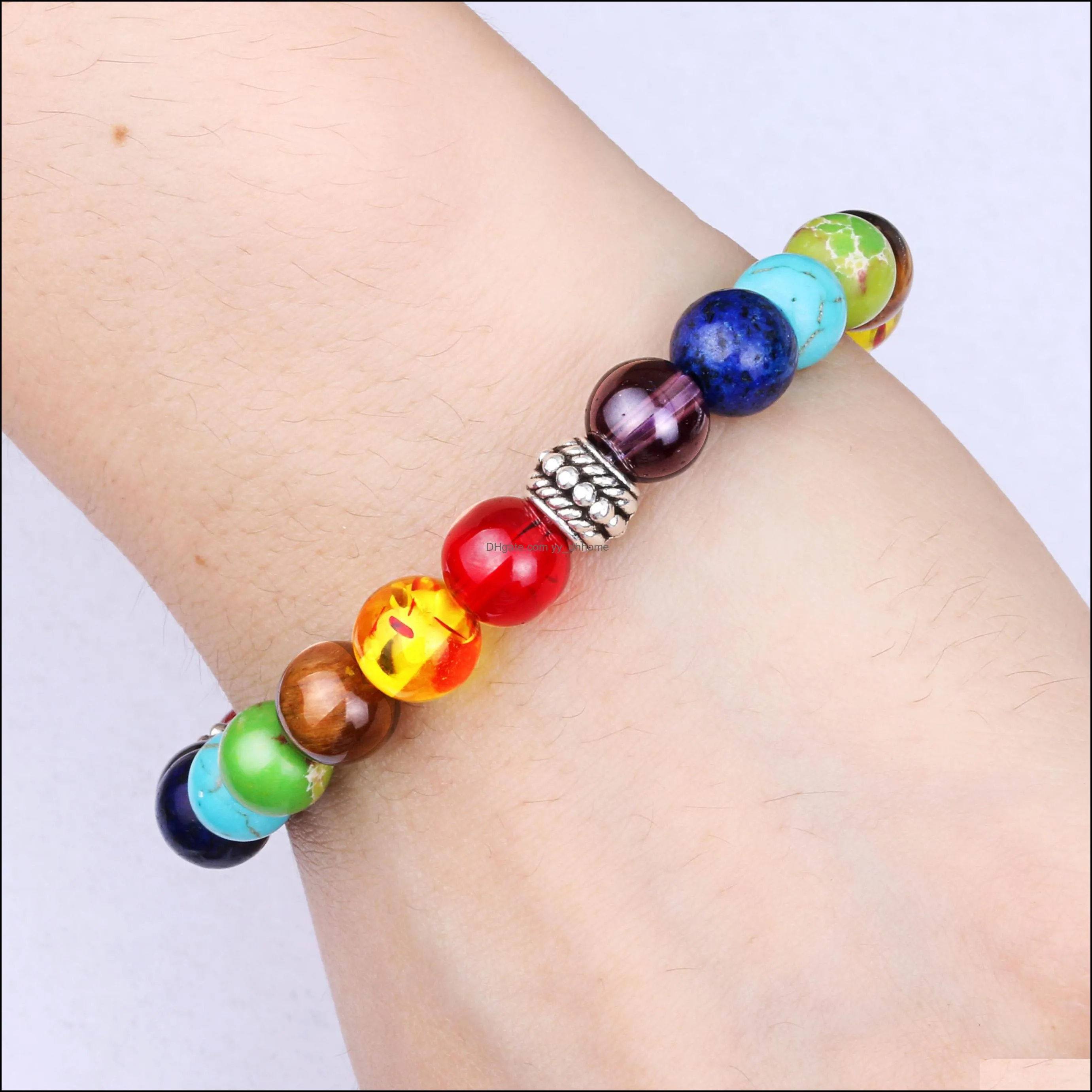  adjustable 7 chakras beaded bracelets 8mm natural stone bead elastic yoga buddha tiger eye bracelet for women men wholesale