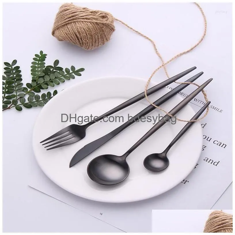 dinnerware sets 4pcs stainless steel set kitchen mirror complete tableware home knife fork spoon black cutlery wholesale