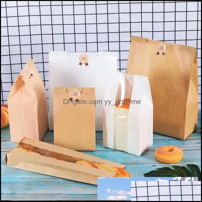 50pcs/lot white kraft paper bag toast bread packaging bags with window candy cookie biscuits bread bag baking package gift bags