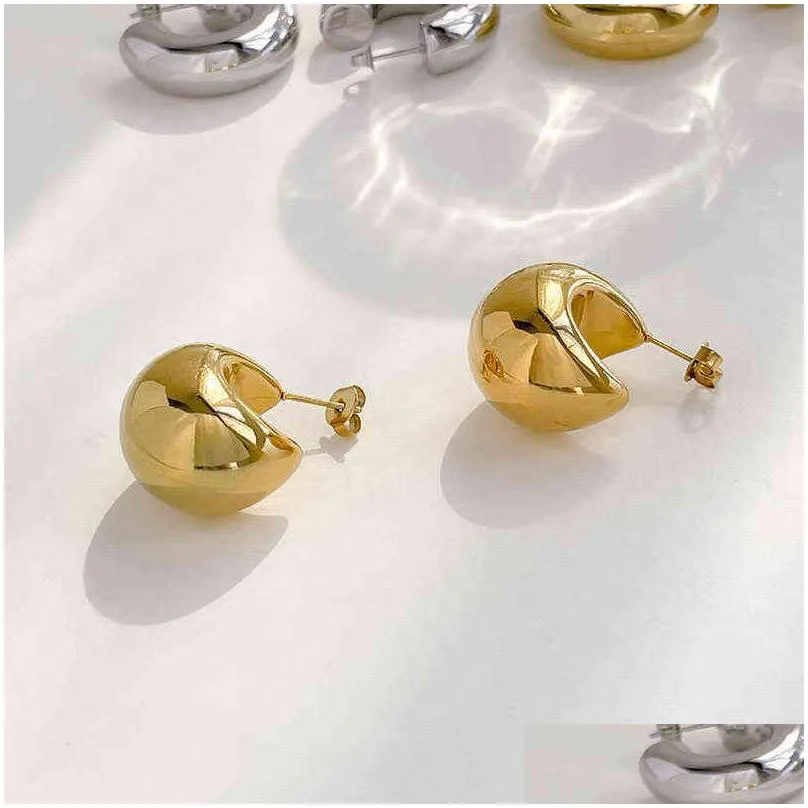 half moon sphere thick chunky gold hoop earring stainless steel for women chic vintage empty lightweight earring 220108