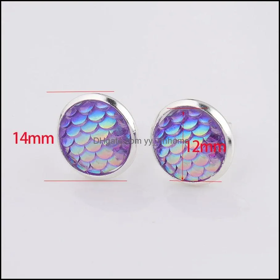 12mm resin fish scale silver plated stud earings drusy druzy earrings jewelry women party gift dress candy colors