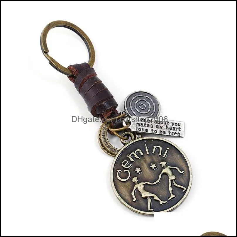 zodiac sign keychains for men women genuine real leather 12 constellations vintage gold color metal alloy keyring car key chain holder