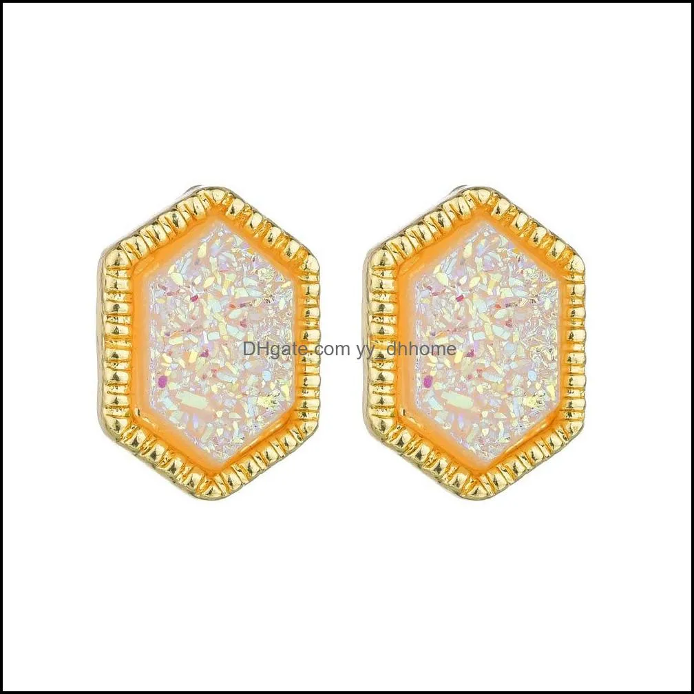 women hexagon druzy drusy stud earrings golden plated mini gold purple resin studs earring christmas gift