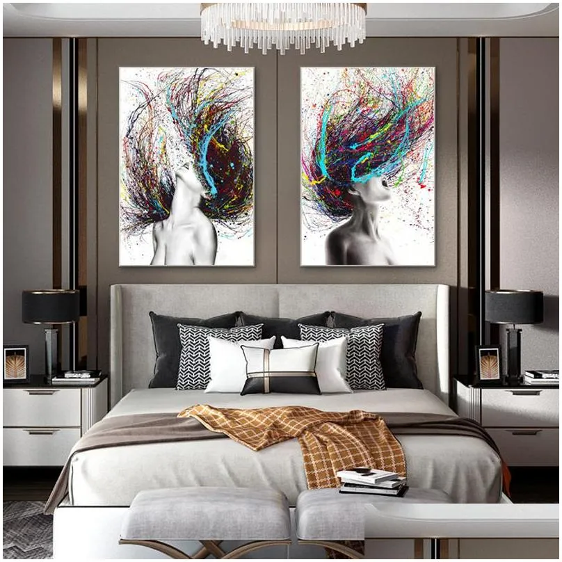 modern abstract wall art colored hair woman canvas painting figure posters and prints hanging pictures for living room decor