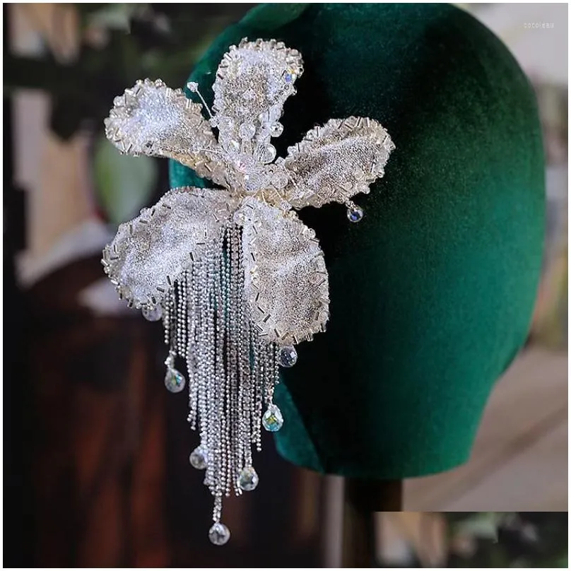 hair clips korean bride crystal flower tassel clip earrings set wedding headdress senior bridal accessories