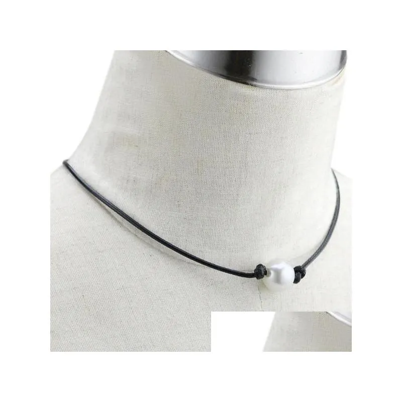 women single pearl leather choker necklace on genuine black leather cord pendant jewlerry for weeding necklaces