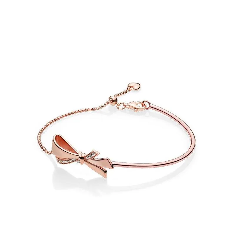 sparkling rose gold bow slider bracelet women wedding gift with original box for  real 925 sterling silver adjustable size bracelets