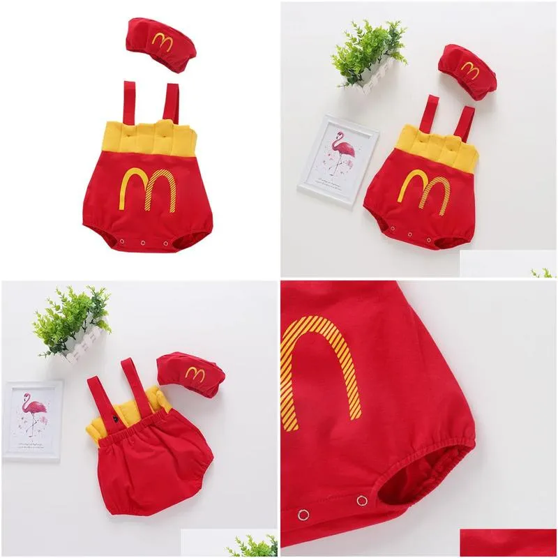 born infant baby girls boys french fries set cotton off shoulder straps romper jumpsuit cute casual outfits clothes cap suit 220525