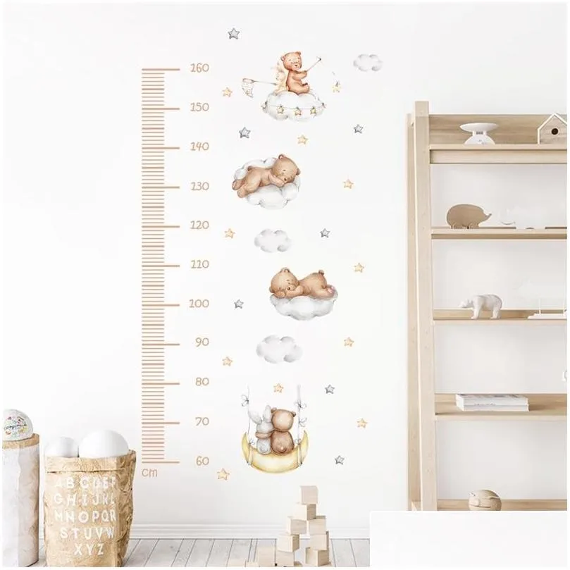 cartoon baby height measurement bear clouds moon stars wall sticker nursery vinyl wall decals kids bedroom interior home decor 220613