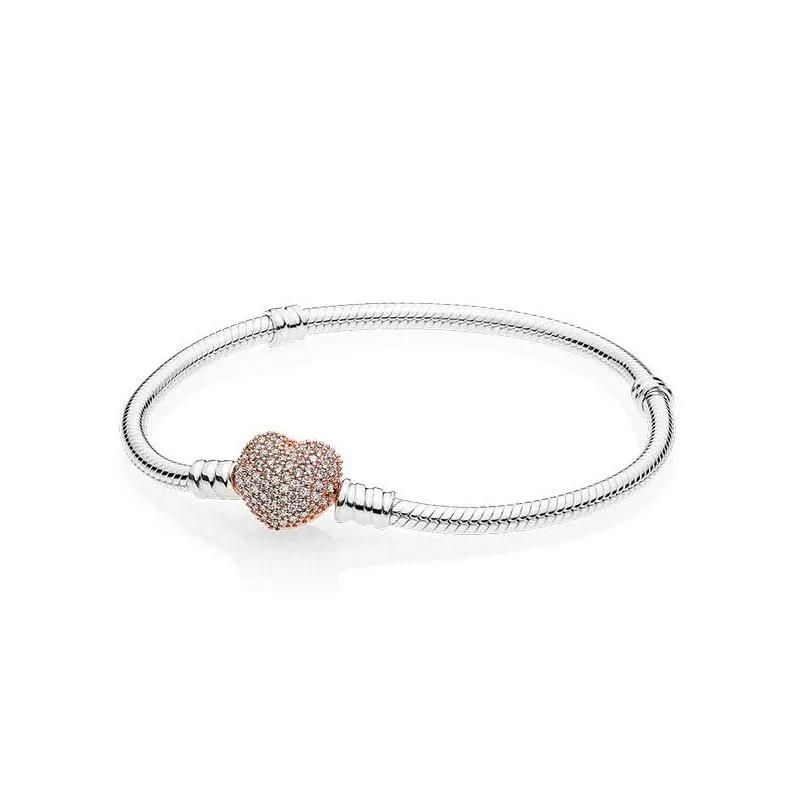18k rose gold cz diamond pave heart clasp bracelet original box for  925 sterling silver women wedding gift charm bracelet set