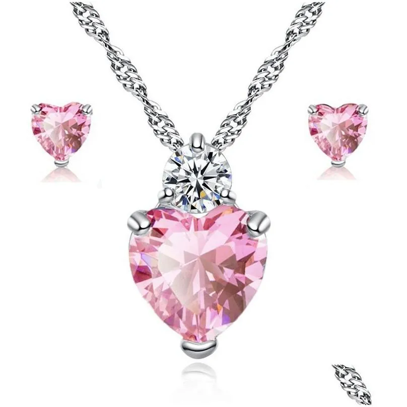 red heart jewelry sets pendant necklace earrings women zircon designs cubic zirconia purple white silver chain bridal jewelery 622 k2