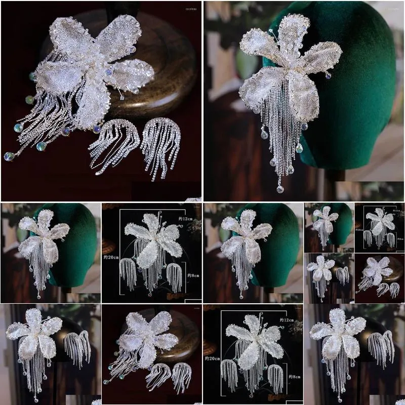 hair clips korean bride crystal flower tassel clip earrings set wedding headdress senior bridal accessories