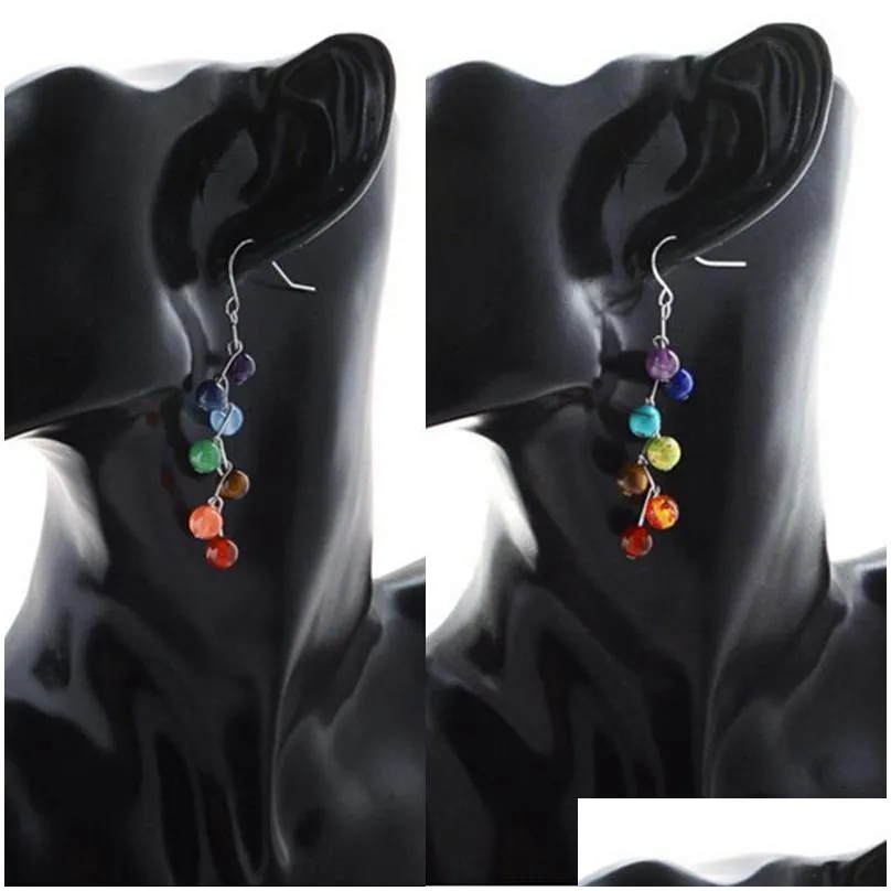 natural rock yoga healing 7 chakras earrings colorful woman earring fashion 6mm stone bent needle shape ladies earrings accessories