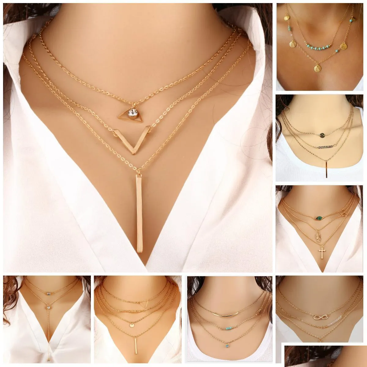 pretty choker collier necklaces boho pearls diamond chain multilayer necklaces for women men bar layered tassel metal gold chain