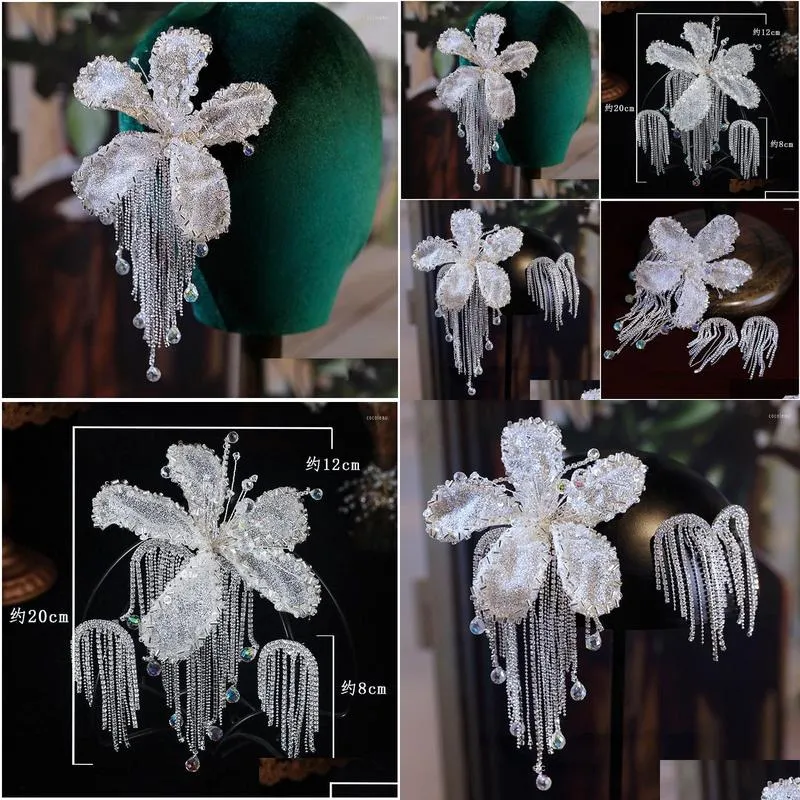 hair clips korean bride crystal flower tassel clip earrings set wedding headdress senior bridal accessories