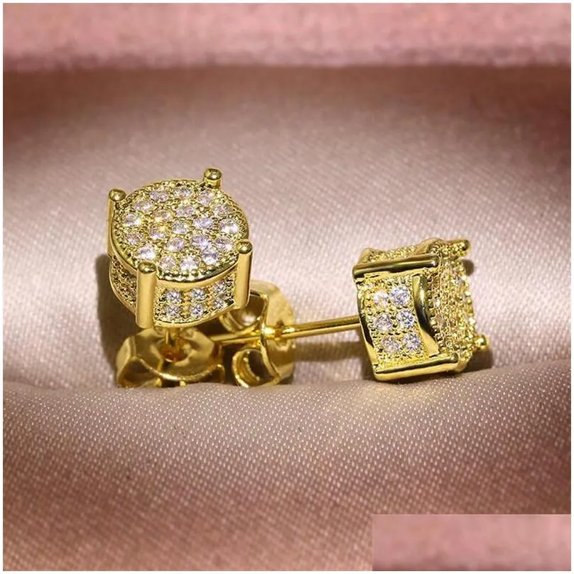 choucong hip hop stud earring vintage jewelry 925 sterling silver yellow gold fill pave white sapphire cz diamond sparkling women men earrings for lover