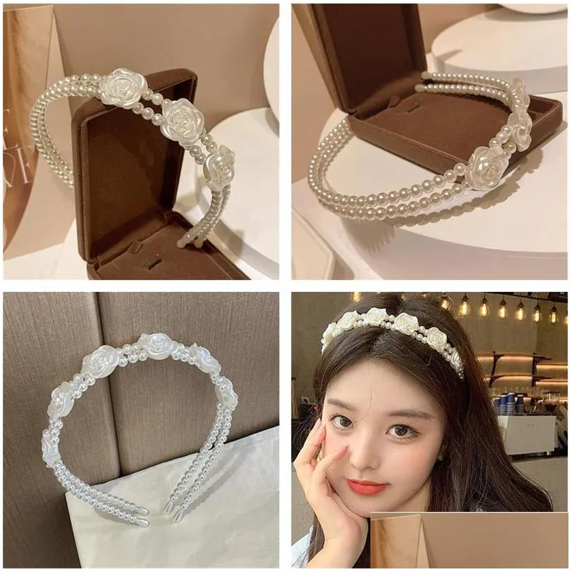 sweet first love headband feeling retro rose pearl hair hoop minority korean doublelayer flower head hoop french female headdress