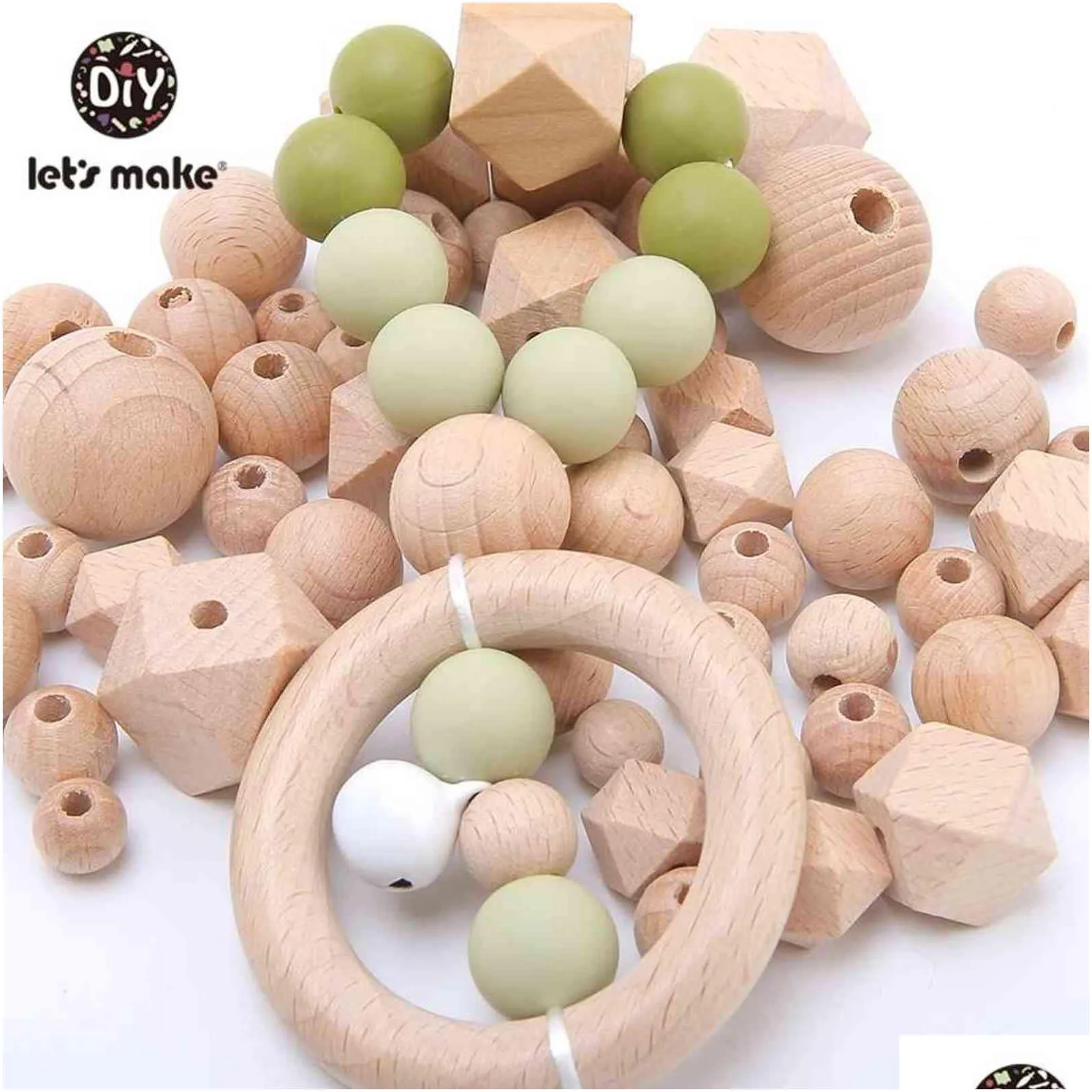 lets make 100pc beech hexagon wooden teether beads round 1230mm baby rattle beaded wood baby teether wooden toys 211101