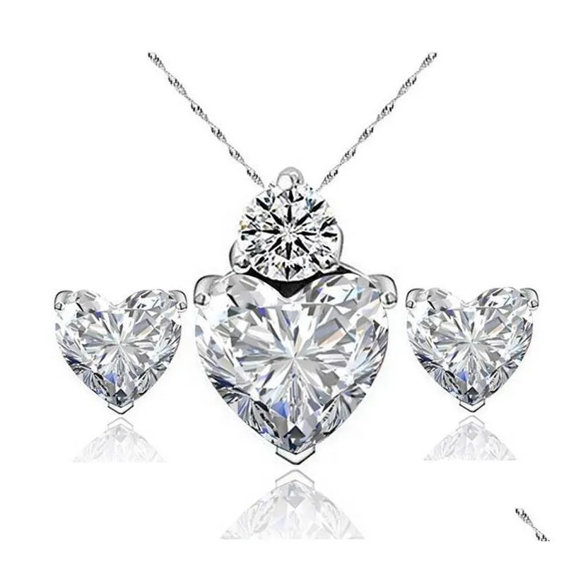 red heart jewelry sets pendant necklace earrings women zircon designs cubic zirconia purple white silver chain bridal jewelery 622 k2