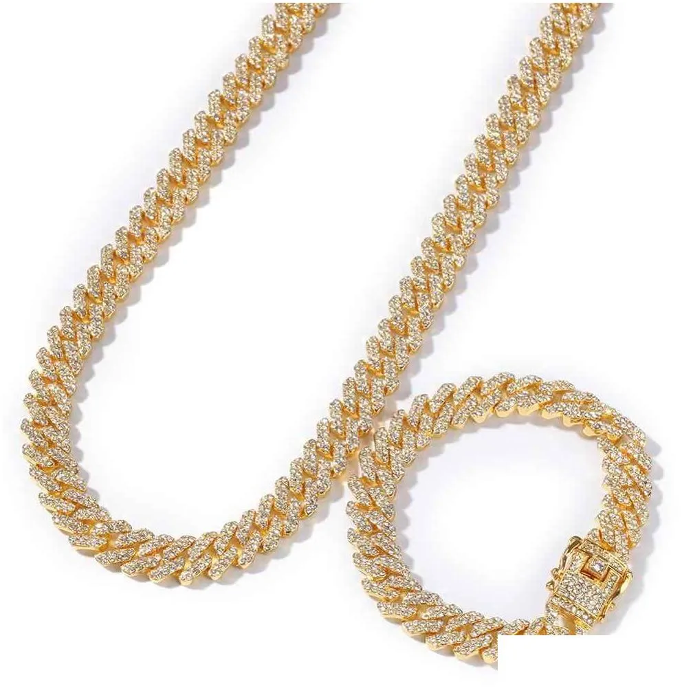 statement necklace 12mm  cuban link chain necklace bracelets set for men bling hip hop iced out diamond gold silver rapper chains women luxury jewelry