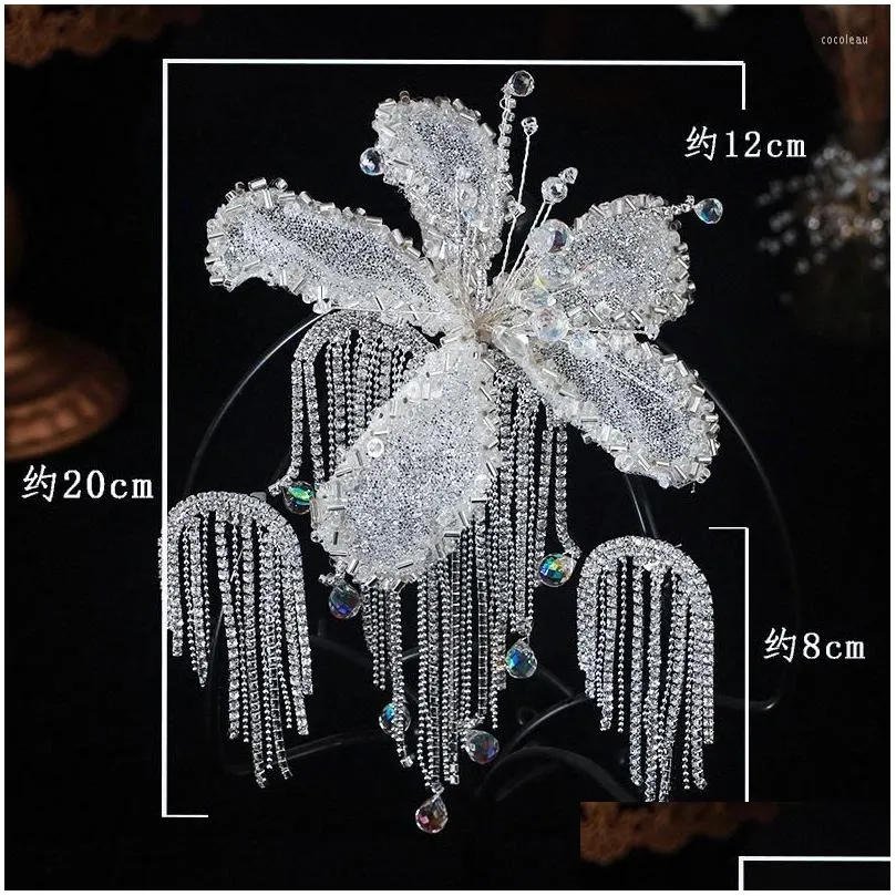 hair clips korean bride crystal flower tassel clip earrings set wedding headdress senior bridal accessories