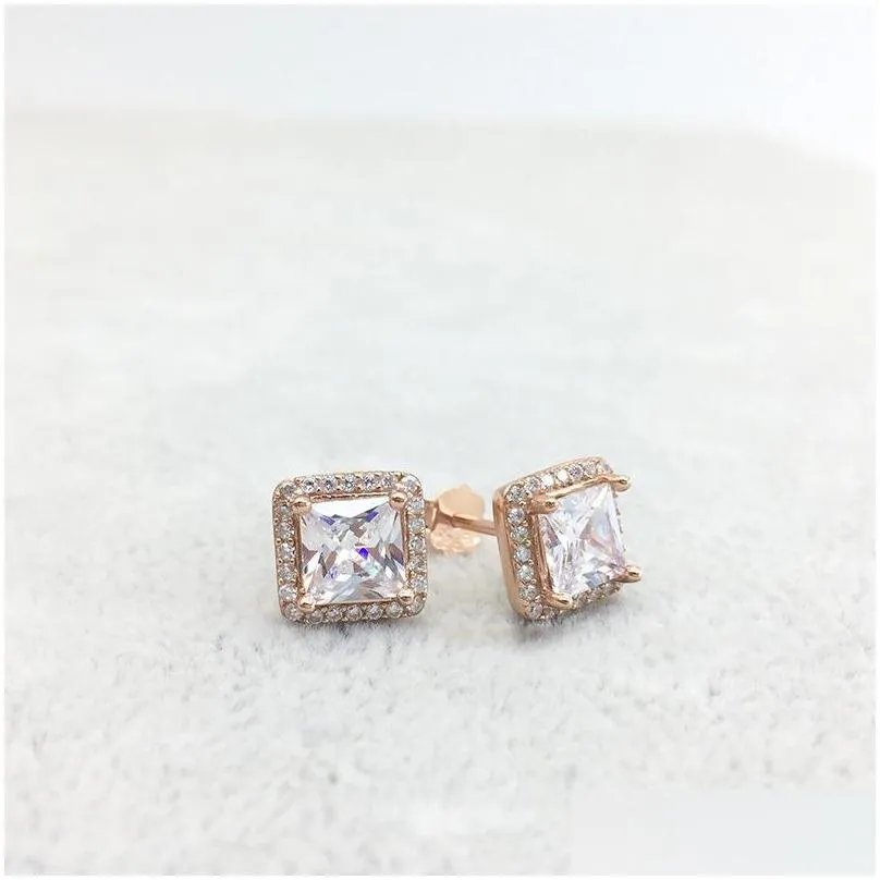 925 sterling silver square big cz diamond earring fit pandora jewelry gold rose gold plated stud earring women earrings