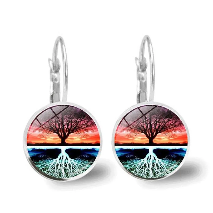 tree of life silver color earrings fashion france cabochon glass earrings for women earhook earrings life tree glass cabochon jewelry