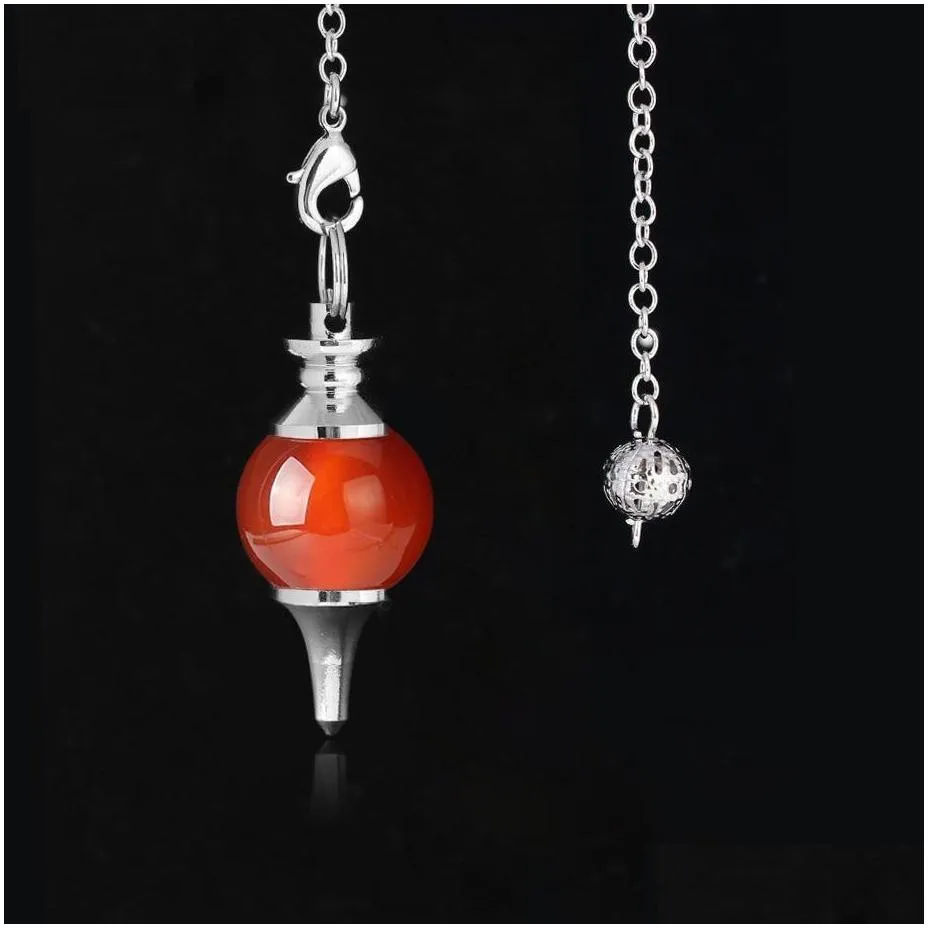 reiki natural stone balance healing pendants necklace crystal red agate dowsing pendulum circular cone charms pendant for men women