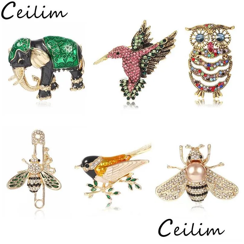 cute owl bird bee brooches for women animal shapes crystal green black bee brooch pins badges for clothes bags female brooches jewelry