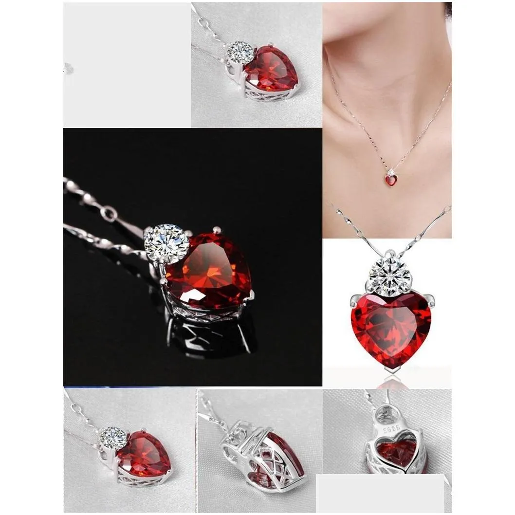 red heart jewelry sets pendant necklace earrings women zircon designs cubic zirconia purple white silver chain bridal jewelery 622 k2