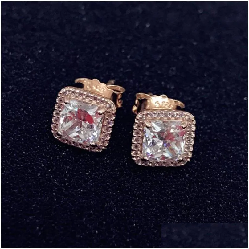 925 sterling silver square big cz diamond earring fit pandora jewelry gold rose gold plated stud earring women earrings