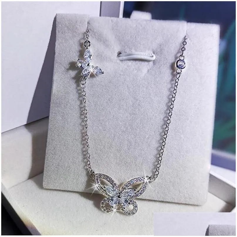 clsssical brand luxury jewelry 925 sterling silver marquise cut white topaz diamond gemstones butterfly pendant women clavicle