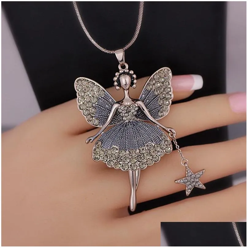 fairy pendant necklace women party jewelry fashion sweater chain necklace charm crystal angel wing necklaces
