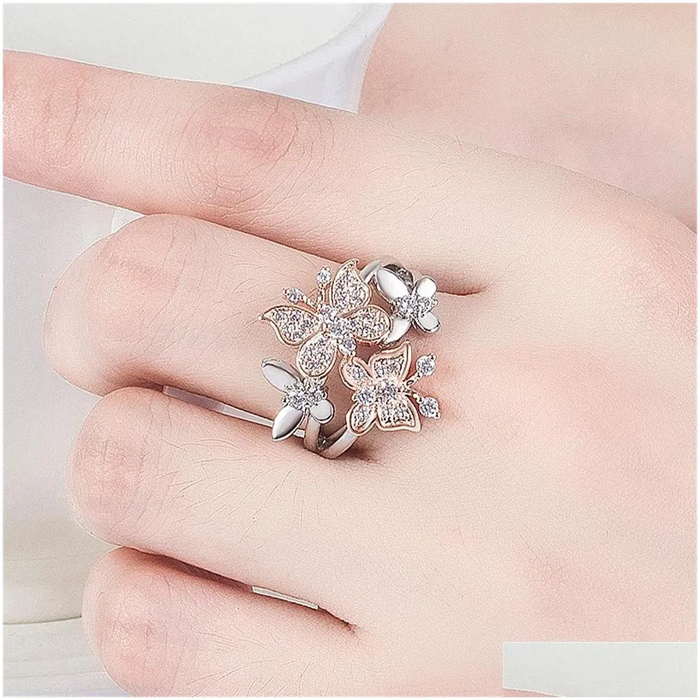 double butterfly ring for women gift jewelry rose gold separation butterfly silver ring micro set diamonds rings