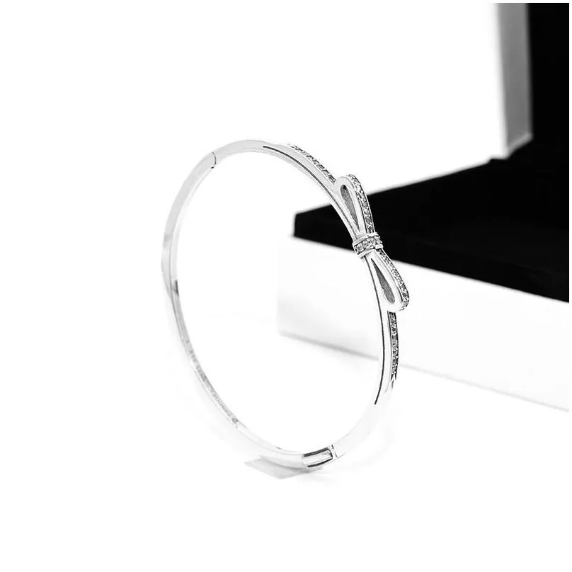 sparkling bow bangle bracelet authentic 925 sterling silver cz diamond women girls wedding gift with original box for 