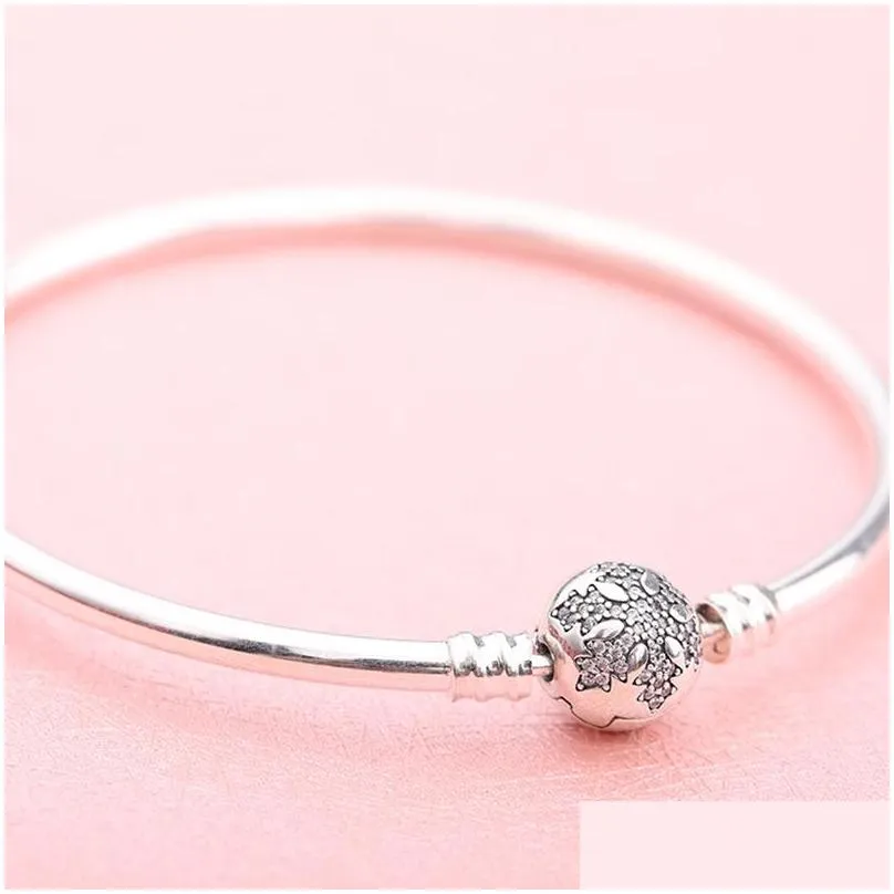 cz diamond snowflake clasp bangle bracelet authentic 925 sterling silver girlfriend womens wedding gift with original box for  charms