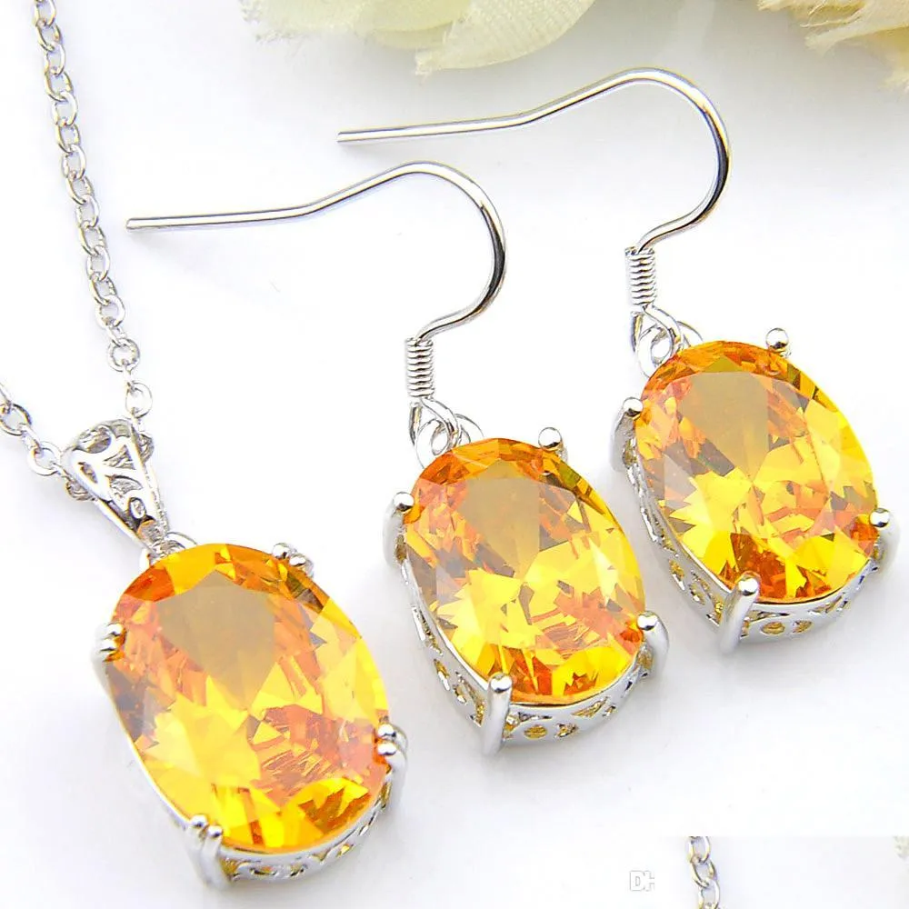 luckyshine wedding jewelry sets oval citrine gems 925 sterling silver cubic zirconia pendants drop earrings lady jewelry sets 