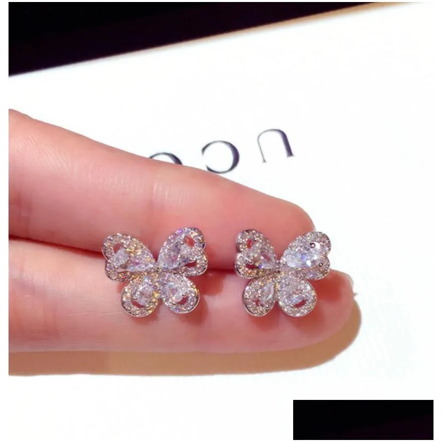 sparkly crystal stud earrings butterfly shape sterling silver cute unique stud for women wedding bridal ear jewelry