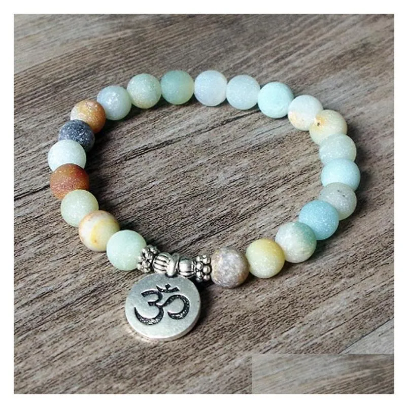 8mm matte amazonite stone strand bracelet yoga chakra mala bracelet om lotus women men beaded charm bracelets handmade jewelry