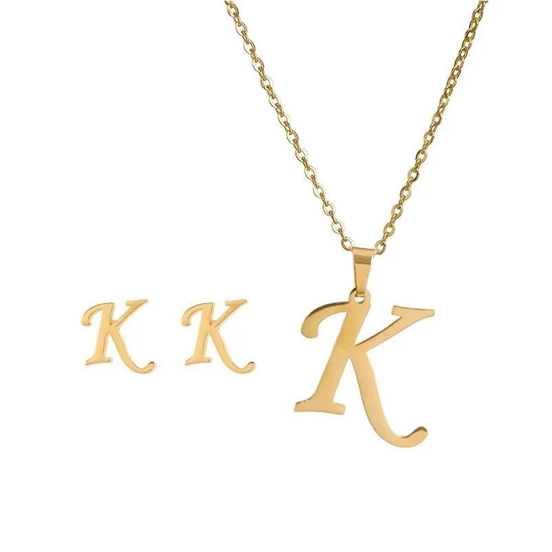 26 letter necklaces with earring jewelry set stainless steel gold plated choker initial pendant necklace women alphabet chains jewellry 918