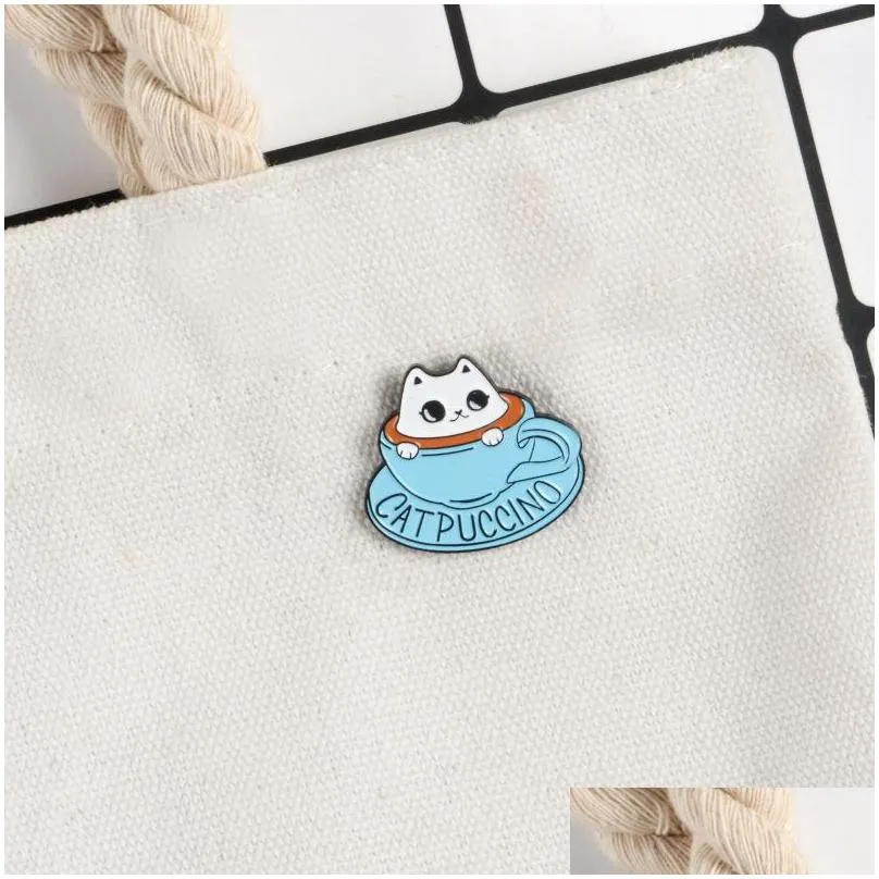miss zoe cat coffee enamel pins coffee cup brooch bag clothes lapel pin button badge cartoon cute animal jewelry gift for friends kids