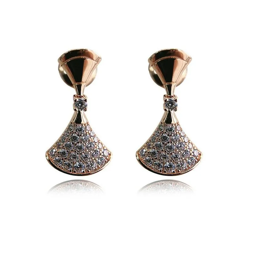 stud earrings full drill fan small skirt 925 silver highend earrings jewelry