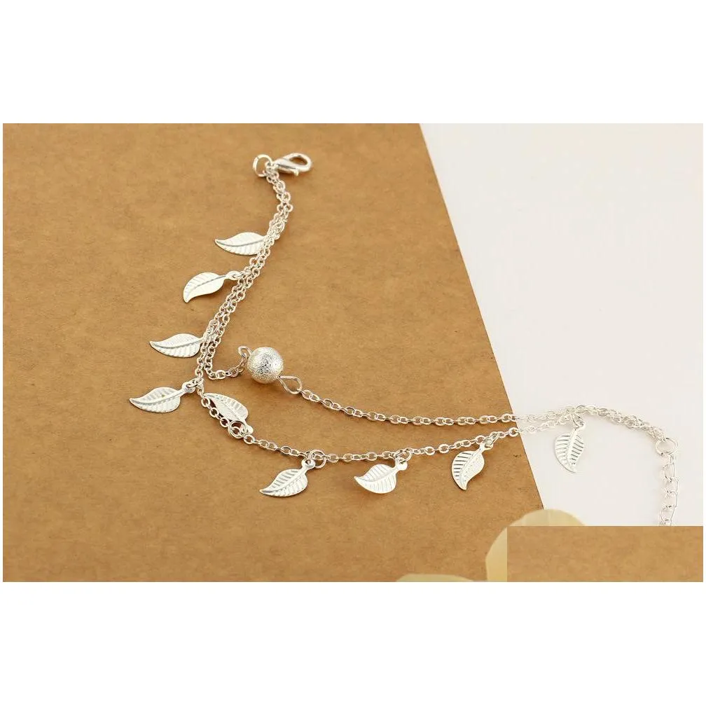 silver gold double layer tassel leaf anklets bracelets beach foot chain fashion jewelry for women k3408