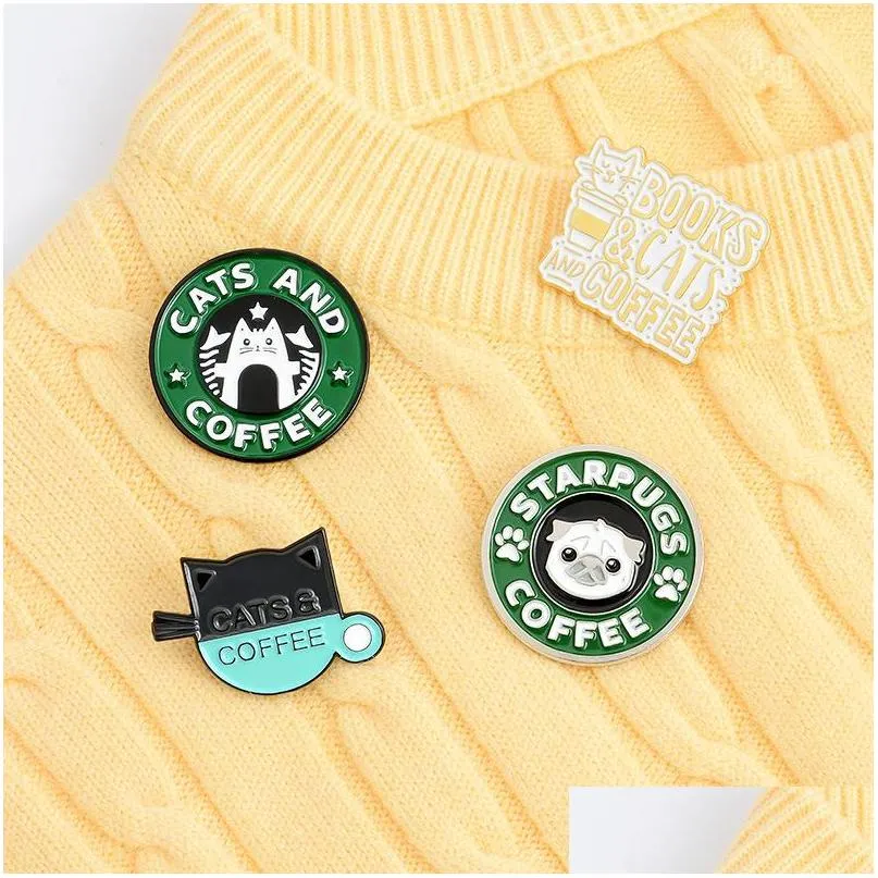 cats coffee enamel pin custom pug puppy cat cafe brooches badges bag shirt lapel pin buckle cute animal jewelry gift for friends 707