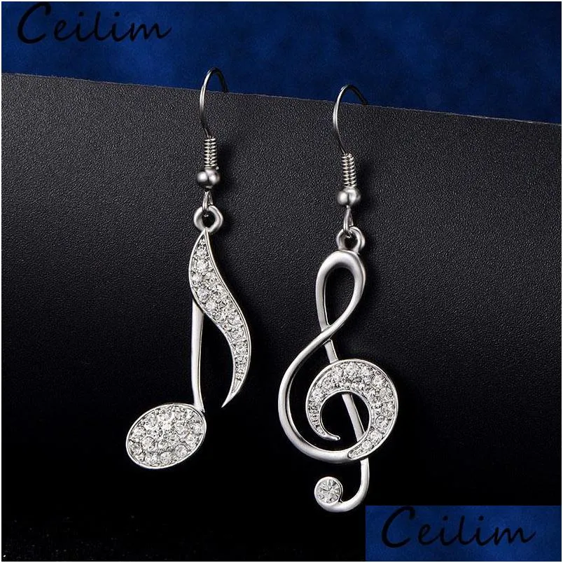 asymmetric trendy music notes earrings personality hook crystal silver rhinestone dangle earring for women accessory lady jewelry