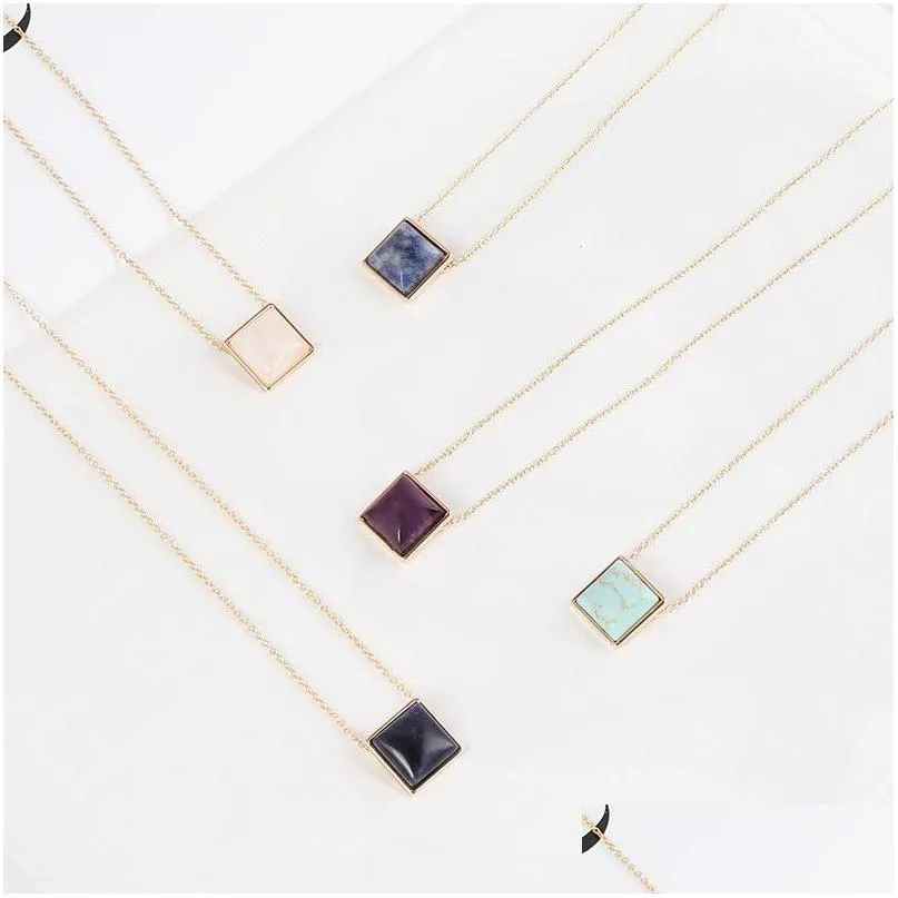 exquisite handmade rectangle turquoise pink crystal stone polishing metal druzy natural stone rose quartz necklaces pyramid pendants