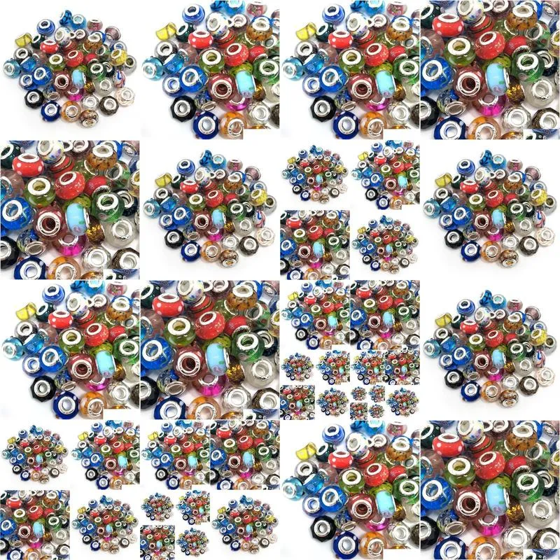 brand mix styles glass 925 stering cord big hole loose beads fit european pandora jewelry diy bracelet charms 50pcs per lot