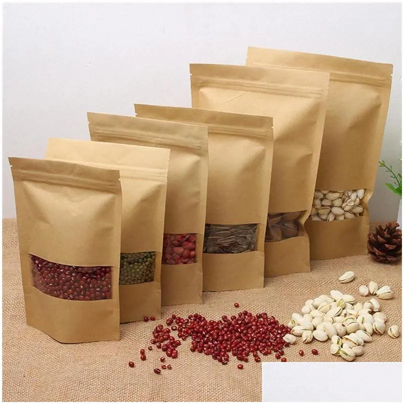 100 pcs/lot kraft paper bag food moistureproof bags zipper stand up reusable sealing pouches with transparent window