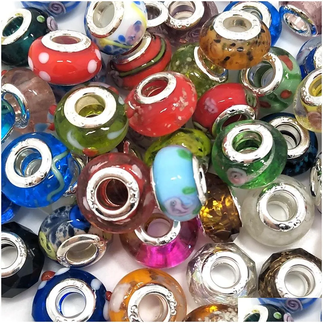 brand mix styles glass 925 stering cord big hole loose beads fit european pandora jewelry diy bracelet charms 50pcs per lot